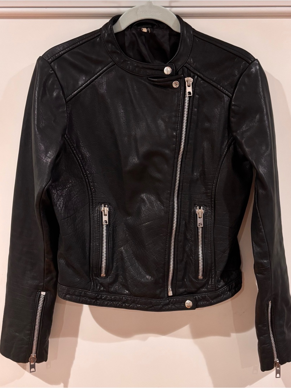Topshop Black 100% Buffalo Leather Asymmetrical Biker Jacket Gorpcore Grunge 6